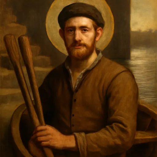 Oil-painting-style portrait of Blessed John Roche, a young Elizabethan boatman with a short beard in a plain jerkin and cap, standing by the oars of a Thames rowing boat