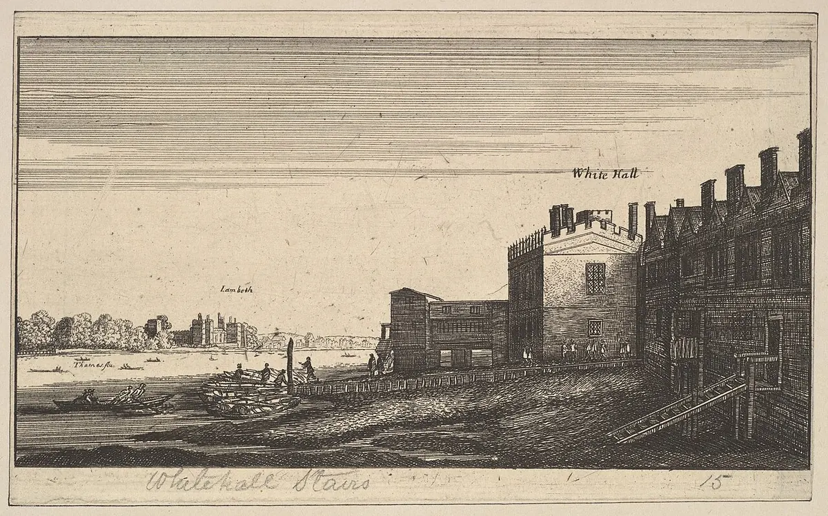 An etching of the Thames from Whitehall Stairs, with a few boats on the river and the low buildings of Lambeth on the far bank