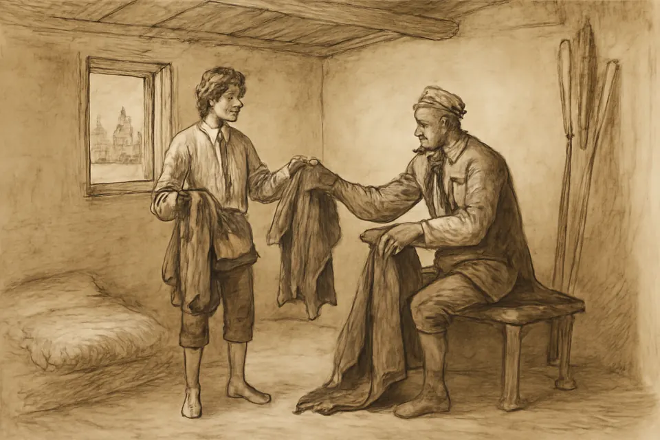 Ink-drawing-style scene of two men in a waterman's cottage exchanging clothes, one handing a priest's dark cloak and doublet to the other