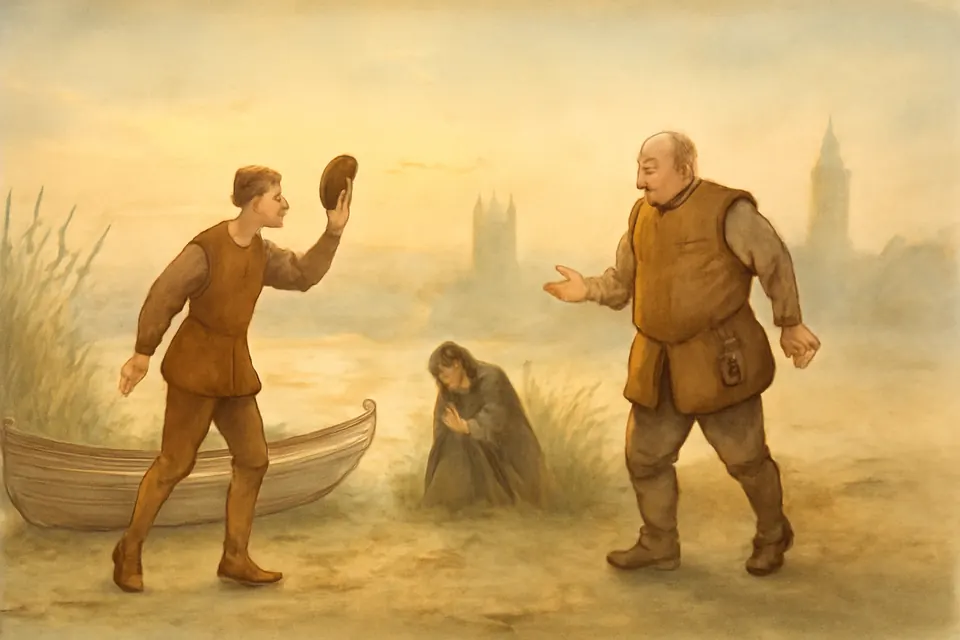 Watercolor-style scene at dawn on Lambeth Marsh, where a young boatman greets a running jailer while a limping man in a cloak hides behind reeds