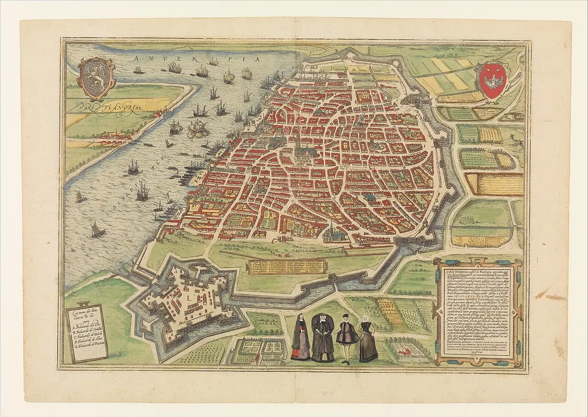 A hand-colored bird's-eye map of walled Antwerp on the river Scheldt, with red-roofed streets, a star-shaped citadel and ships on the river