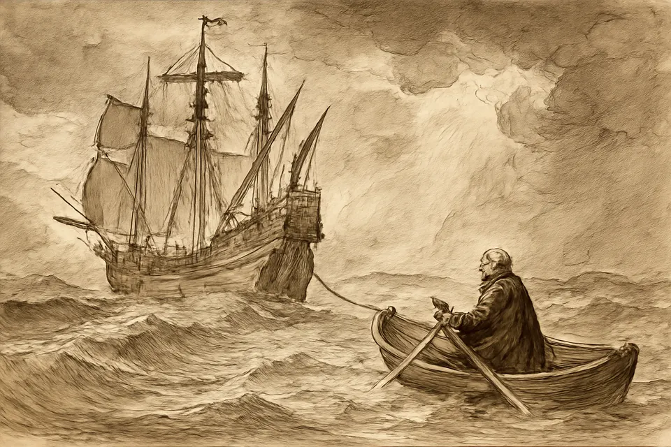 Ink-drawing-style scene of a man in a small rowing boat holding three oars, tied to the stern of a great ship on a rough sea