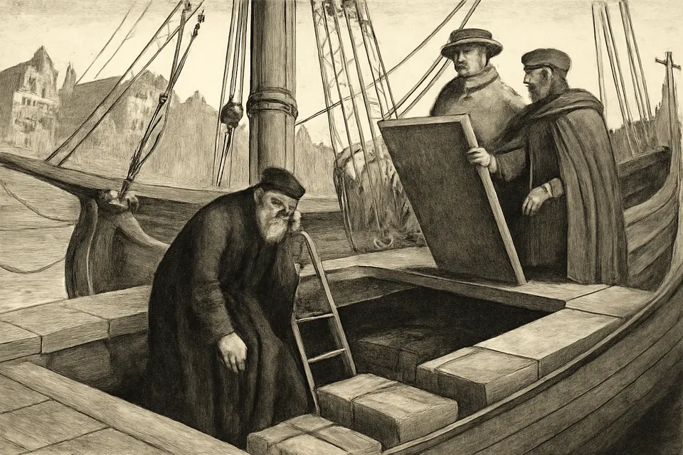 Engraving-style scene of an elderly man in a black gown climbing down into the hold of a small sailing ship while a sailor stands ready to slam the hatch shut