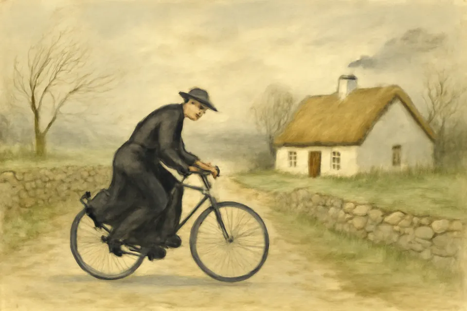Watercolor-style scene of a thin priest in a black cassock riding an old bicycle along a country lane in Kildare toward a cottage