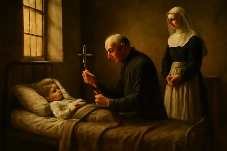 Oil-painting-style scene of a priest kneeling in prayer beside a sick child's hospital bed, holding a crucifix, as a nursing sister watches