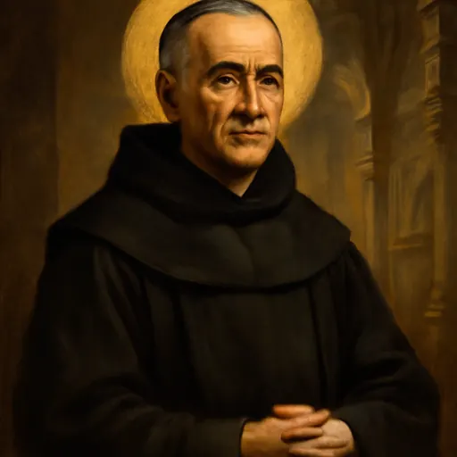 Oil-painting-style portrait of Blessed José Antón Gómez, a Spanish Benedictine monk of about fifty-eight in a black habit, standing in a baroque church