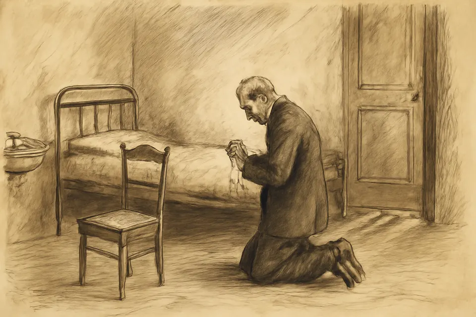 Ink-drawing-style scene of a gray-haired man in a plain suit kneeling in prayer with a rosary in a small rented room as footsteps approach the door