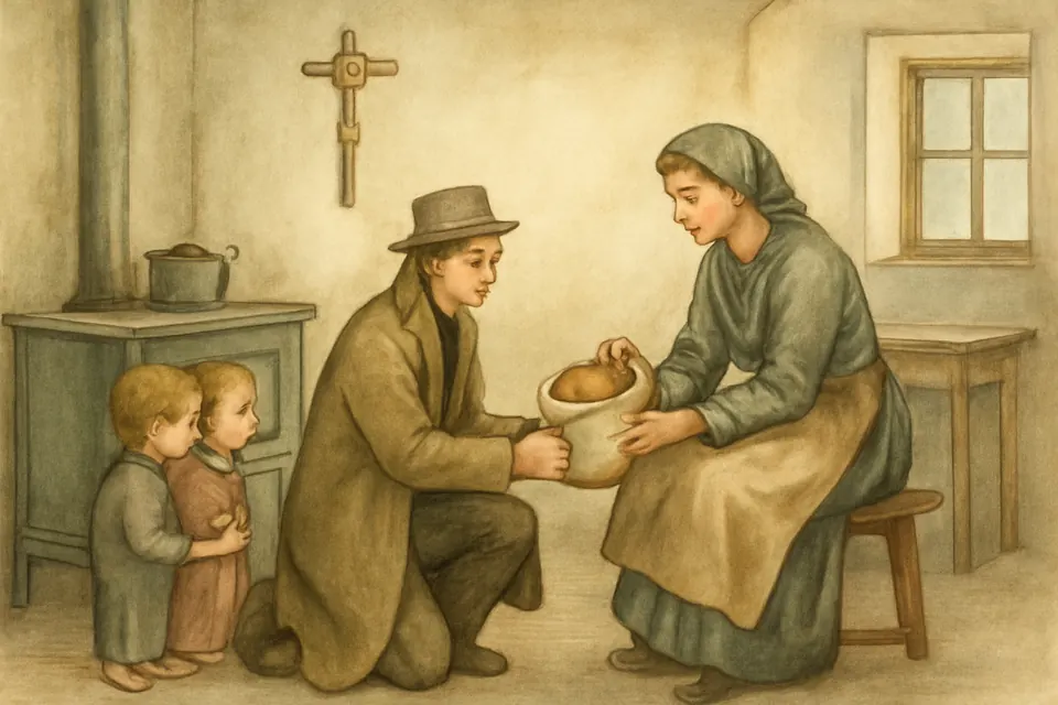 Watercolor-style scene of a young man in a coat and hat visiting a poor family in a bare kitchen, handing a bag of food to a mother with small children