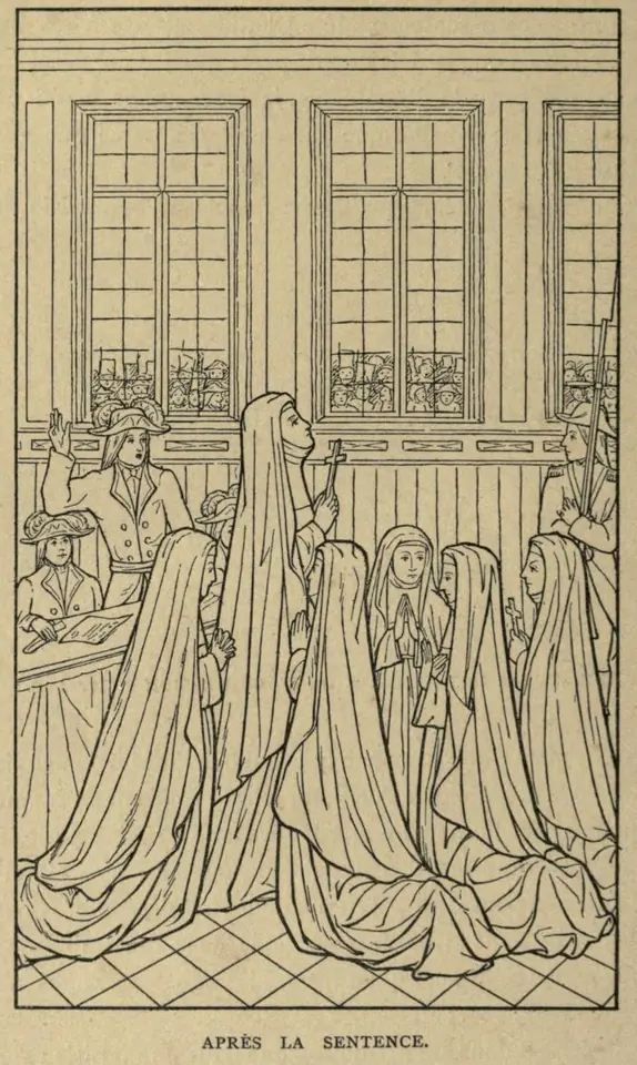 A line drawing of several nuns in long habits and veils kneeling and standing together in a prison room, one reaching out to another, before tall barred windows