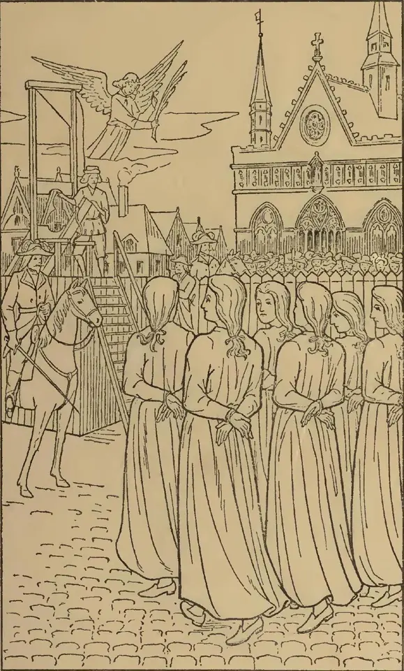 A line drawing of a row of nuns with their hands bound walking across a town square toward a scaffold, watched by soldiers and a crowd, with an angel holding a crown in the sky above a Gothic church