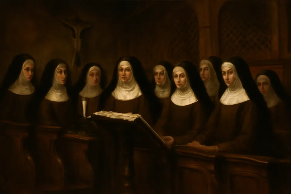Oil-painting-style scene of Poor Clare nuns in brown habits and black veils singing the office in the wooden choir stalls of a convent chapel by candlelight