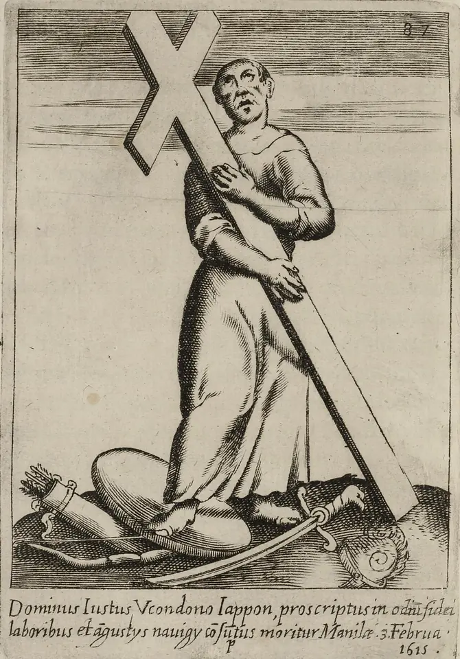 An old engraving of a man in a long robe carrying a large cross, his feet resting on discarded swords, a helmet and armor, with a Latin inscription below