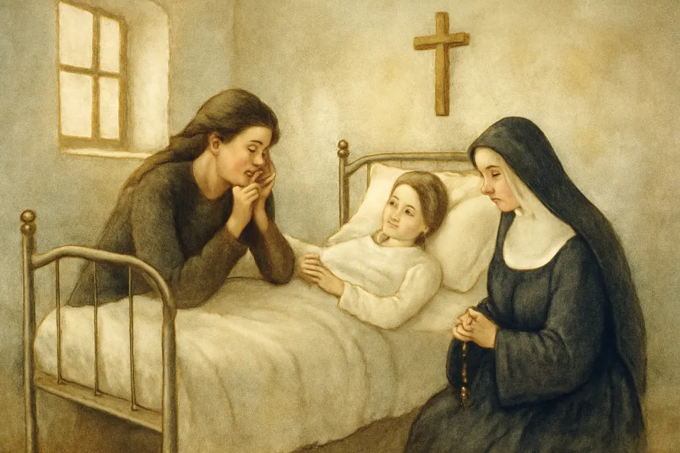 Watercolor scene of a dying girl in a narrow bed in a simple adobe room, holding her weeping mother's hand while a Salesian sister prays at the foot of the bed