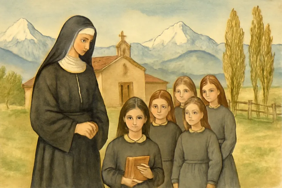 Watercolor-style illustration of schoolgirls with a Salesian sister in front of a simple mission school in the foothills of the Andes around 1900