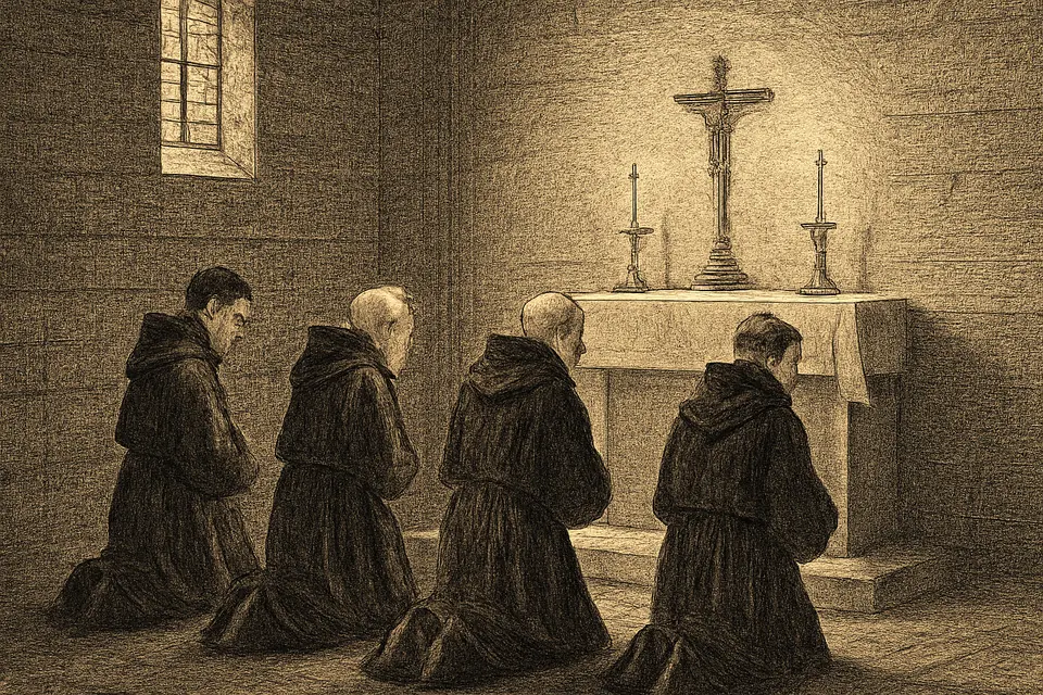 Engraving-style scene of a few elderly friars in black habits kneeling in prayer in the choir of a small convent church at dawn