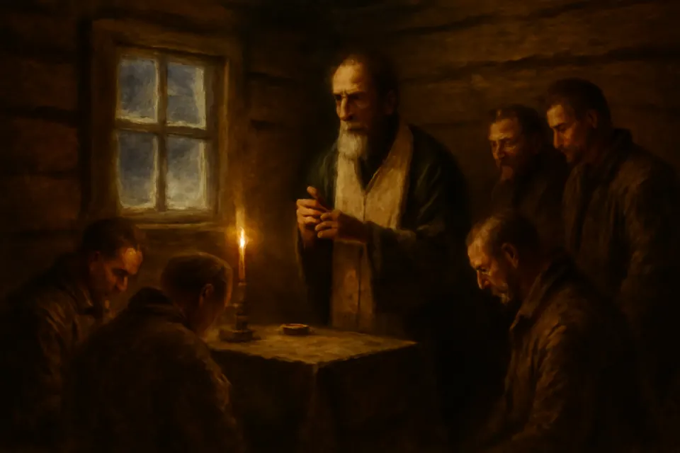 Oil-painting-style scene of a gaunt bearded priest quietly celebrating the Divine Liturgy for a few prisoners in a dim wooden hut on the Solovetsky Islands