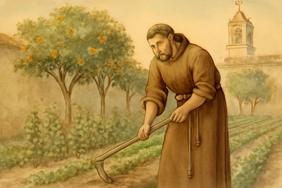 Watercolor scene of a young Capuchin novice hoeing vegetable rows in a walled friary garden in Seville