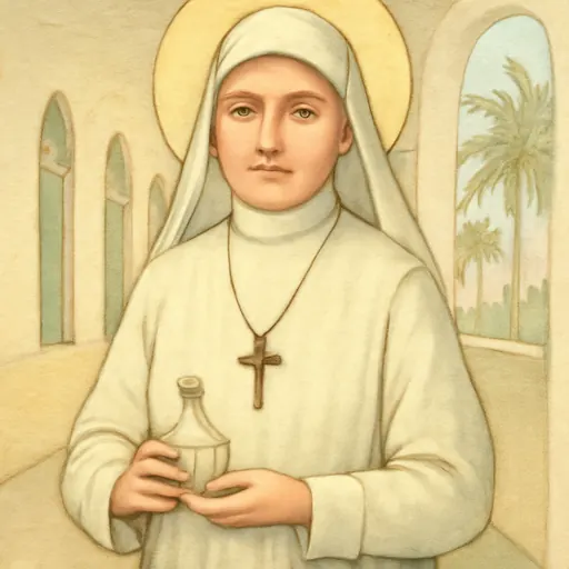 Watercolor-style portrait of Blessed Liduina Meneguzzi, a young Italian nursing sister in a white veil and apron, smiling gently