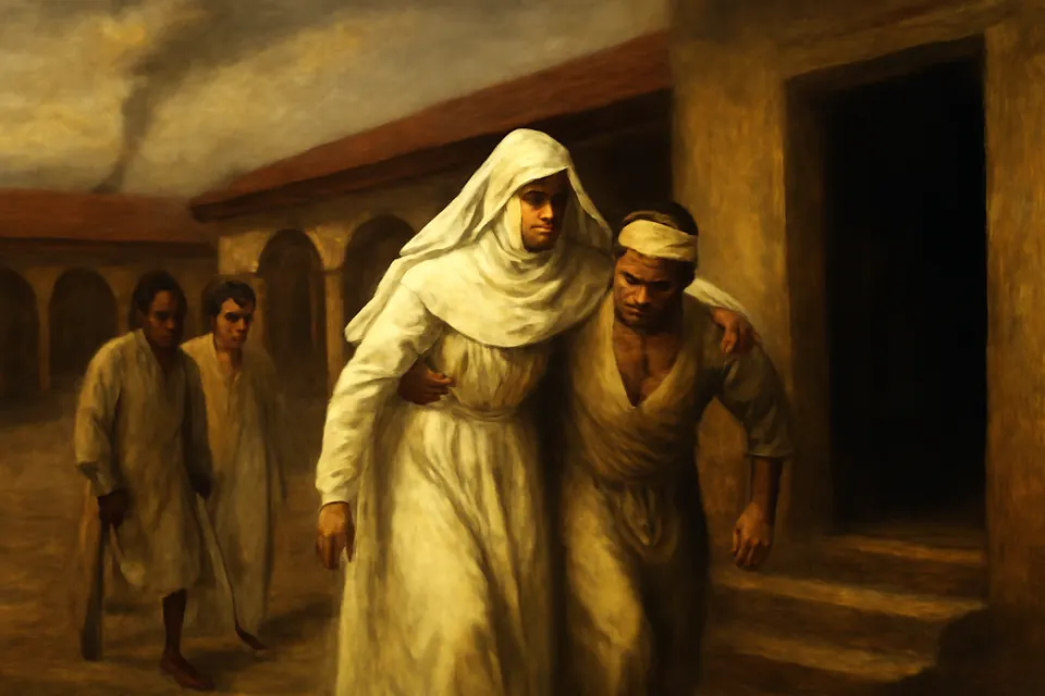 Oil-painting-style scene of a nursing sister in white helping a wounded soldier toward a shelter while other patients follow, smoke in the sky