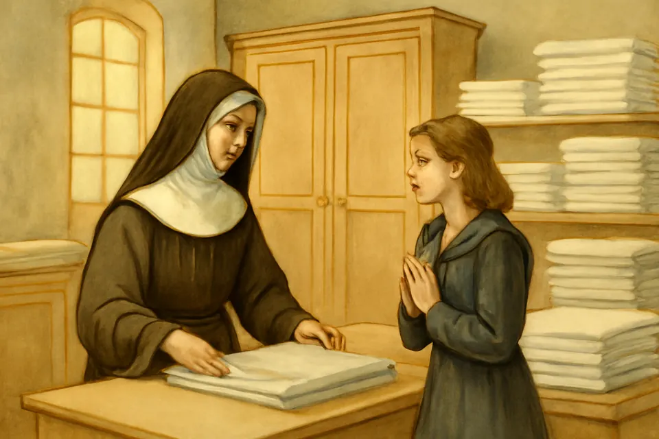 Watercolor scene of a young sister folding linens in a convent school wardrobe room while a schoolgirl talks with her