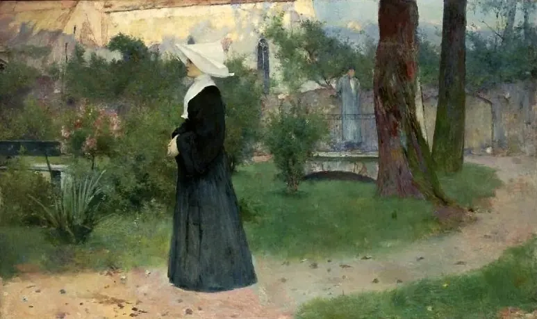 A Daughter of Charity in a dark habit and the old white winged cornette standing alone on a path in a sunny hospital garden