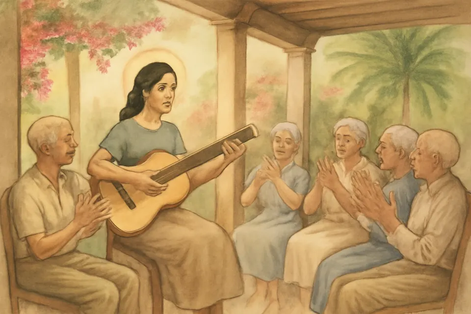 Watercolor scene of a young woman playing guitar and singing with elderly residents on a veranda