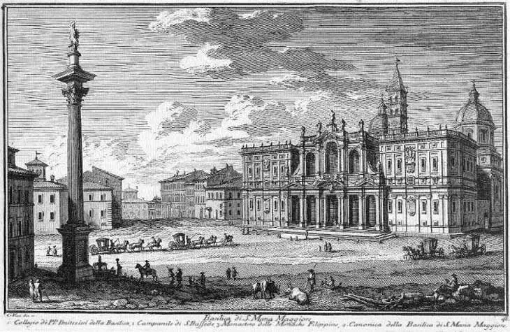 Eighteenth-century engraving of the Basilica of Santa Maria Maggiore in Rome, with its broad façade, a tall column in the square and carriages in front