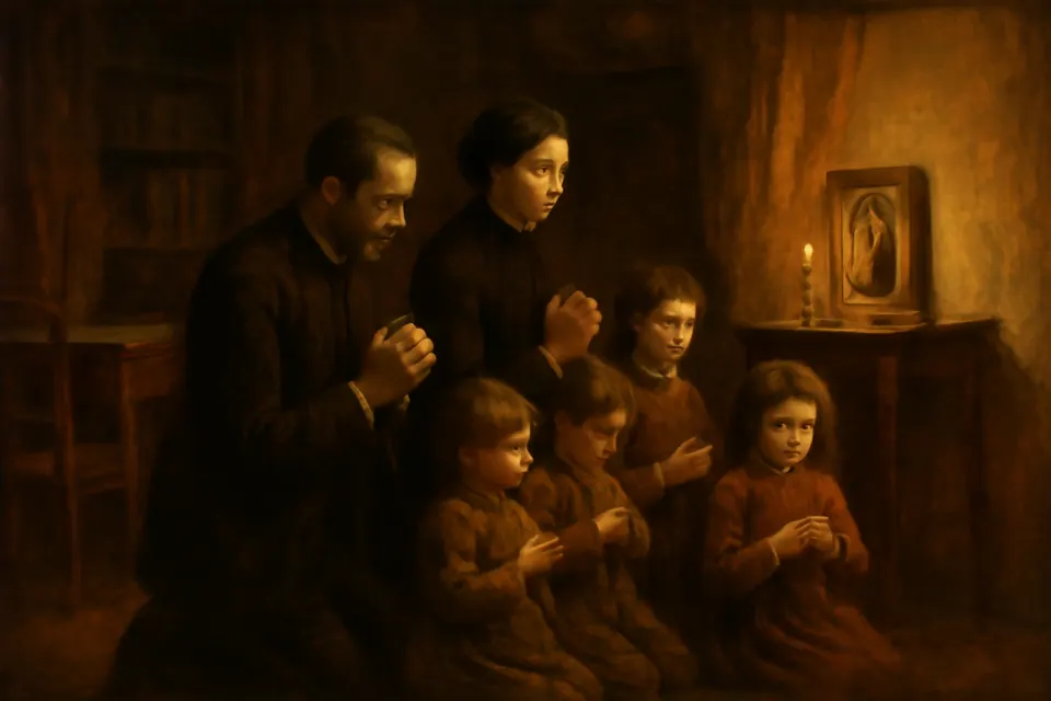 Oil-painting-style scene of an Italian family of the 1910s praying the rosary together in the evening in their Rome apartment