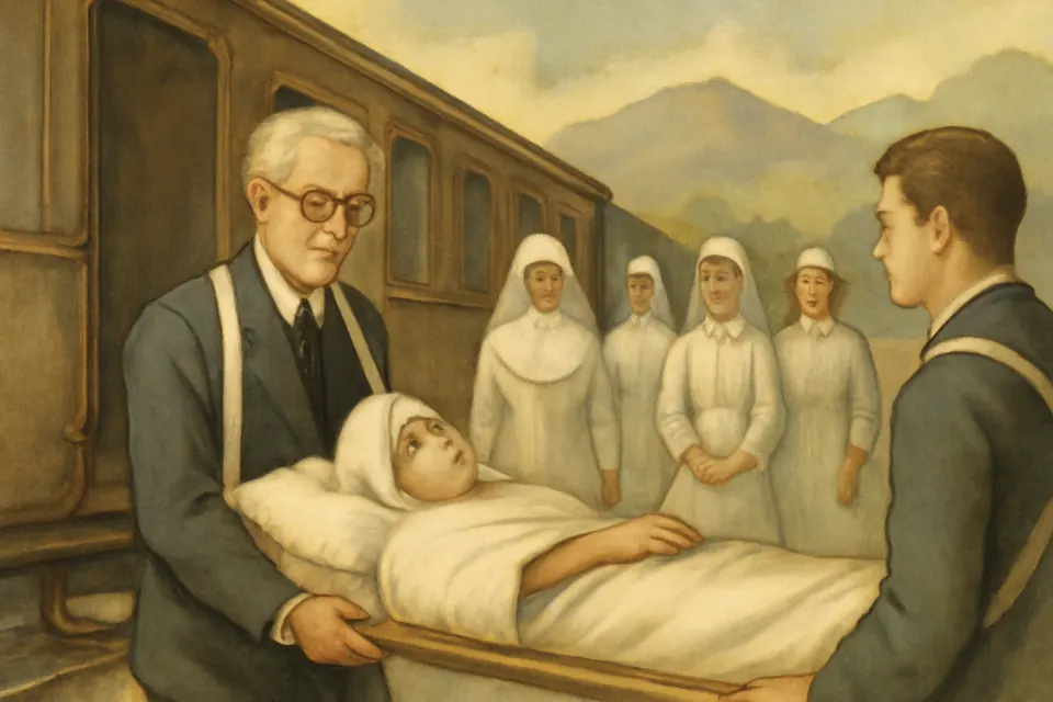 Watercolor scene of a gray-haired man in a suit with a stretcher-bearer's shoulder straps helping carry a sick pilgrim from a train
