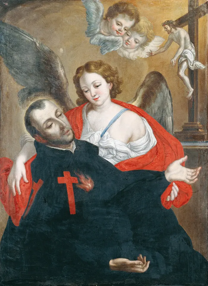 Painting of St. Camillus de Lellis in a black habit with a red cross, collapsing in ecstasy into the arms of an angel while Christ on the cross reaches toward him