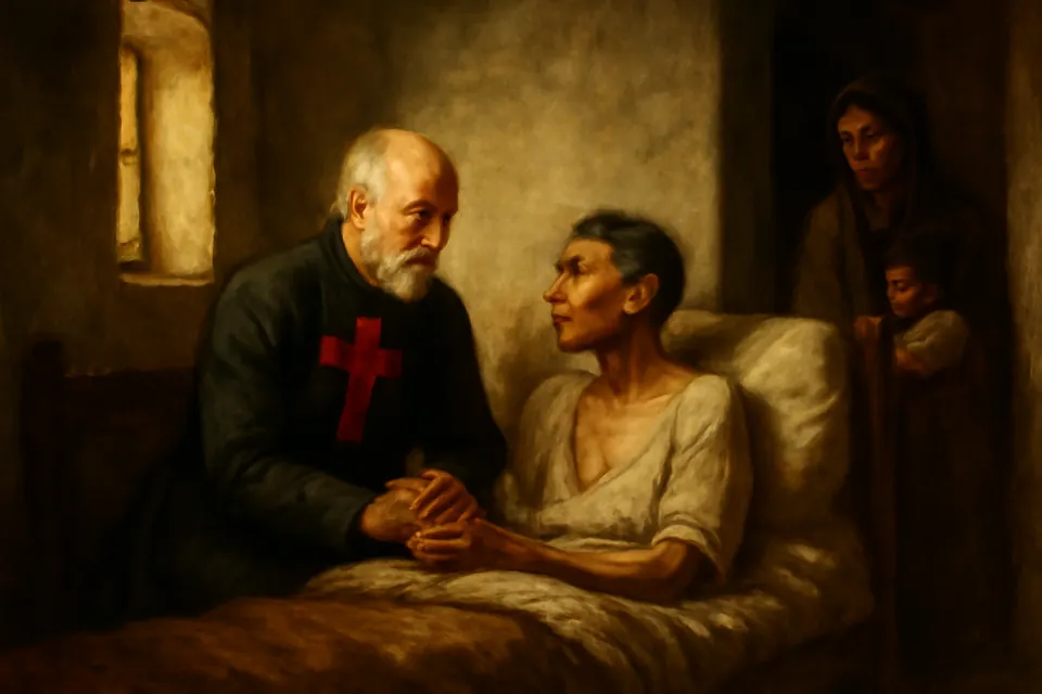Oil-painting-style scene of an old Camillian priest with a red cross on his cassock comforting a sick man in a poor room in Lima