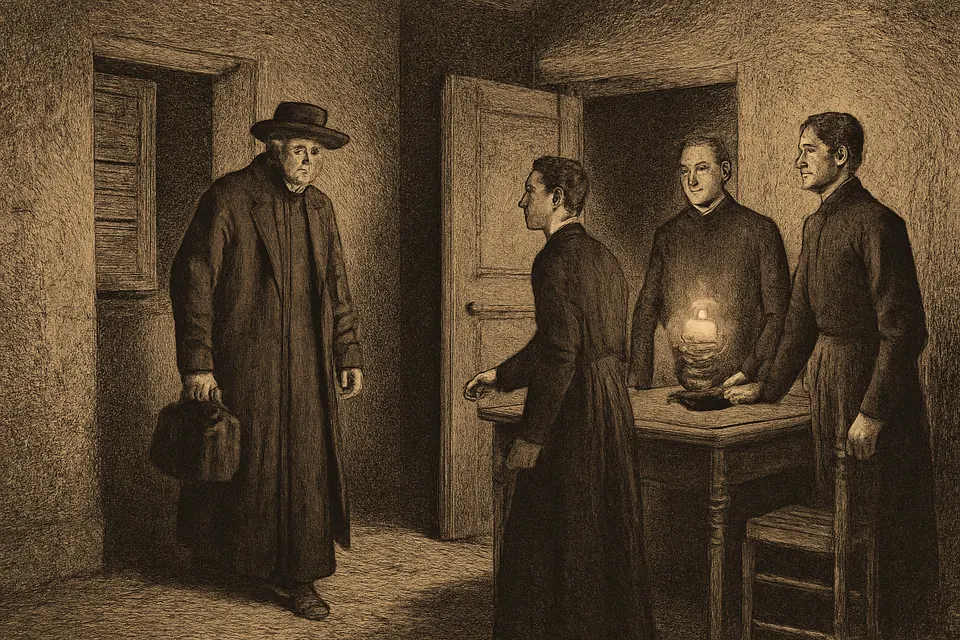 Engraving-style scene of a priest in a plain traveling coat entering a French country house at night where a few young religious wait by lamplight