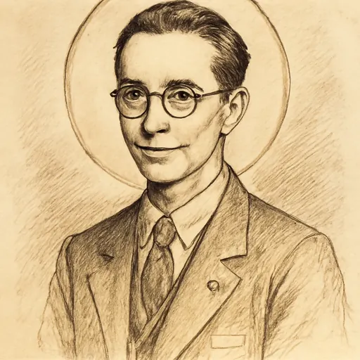 Ink-wash portrait of Blessed Marcel Callo, a young Frenchman with round dark glasses and neatly combed hair, wearing a jacket and tie