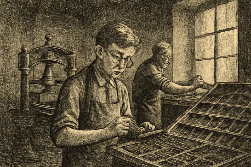 Engraving-style scene of a teenage apprentice with round glasses setting metal type at a wooden case in a 1930s print shop