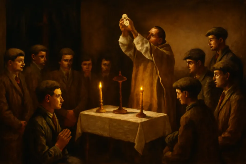 Oil-painting-style scene of young French workers gathered quietly around a priest saying Mass in a small rented hall in wartime Germany