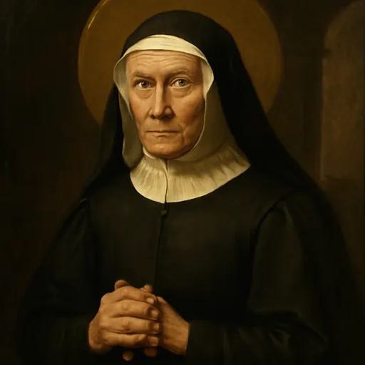 Oil-painting-style portrait of Blessed Margaret Ball, an elderly Dublin widow in a black gown and white linen headdress, holding a rosary in her folded hands