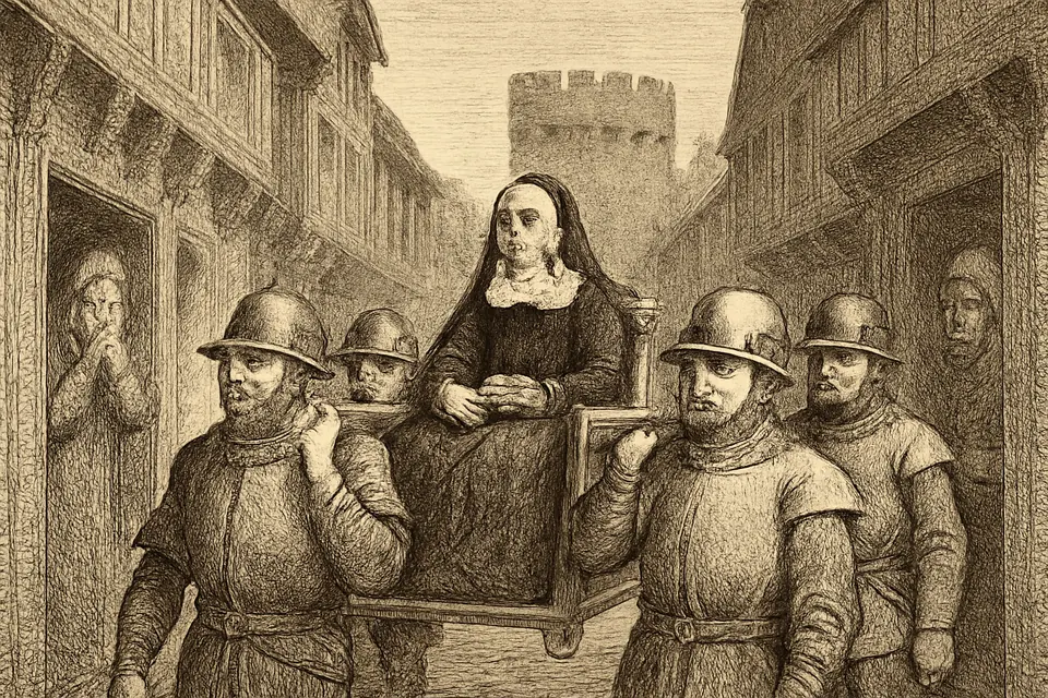 Engraving-style scene of an old woman being carried through a narrow Dublin street in a chair by soldiers, while townspeople watch from doorways