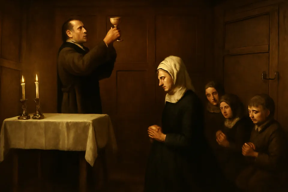 Oil-painting-style scene of a priest saying Mass at a small table in a candlelit Dublin room while a gray-haired widow and her household kneel behind him