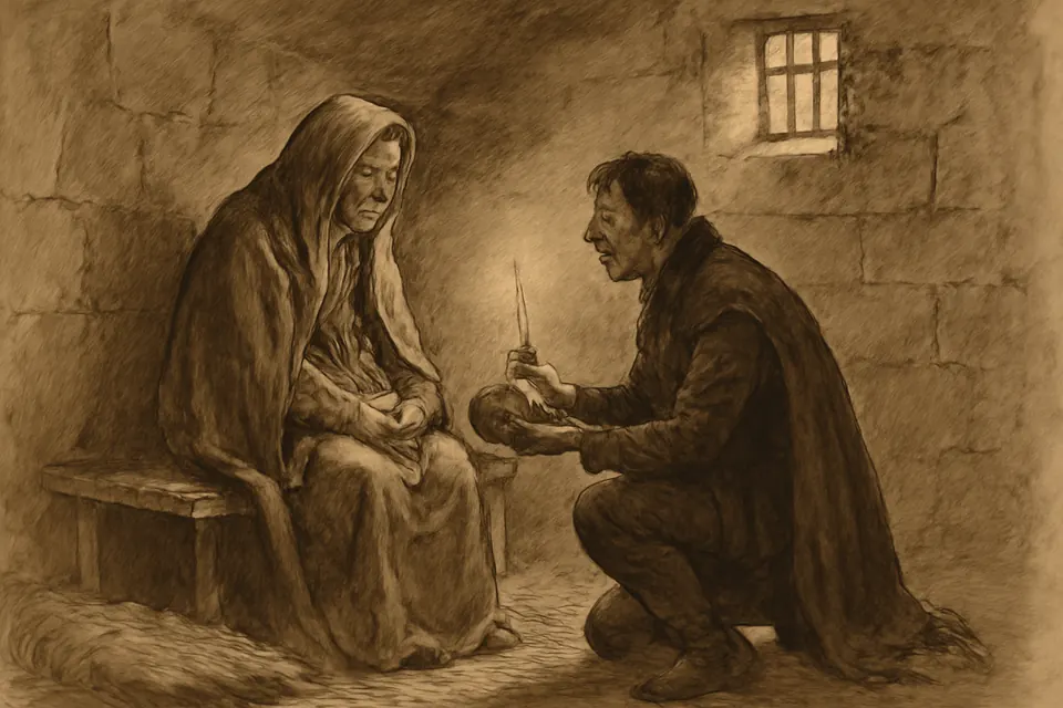 Ink-drawing-style scene of a younger man bringing bread and a candle to an aged woman sitting wrapped in a blanket in a dim stone cell