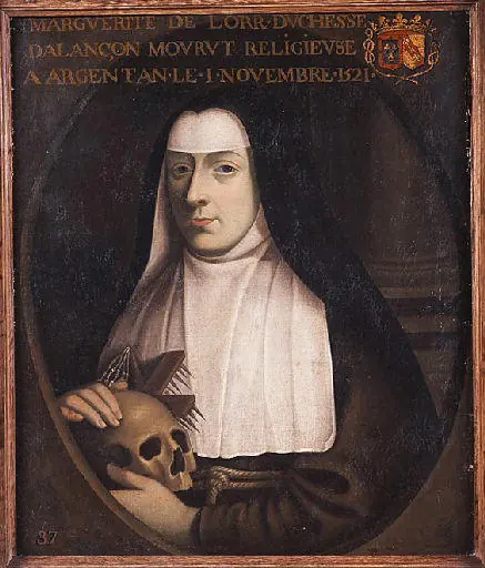 Oval portrait of a pale nun in a black veil and white wimple with her hand on a skull, under an old inscription naming the Duchess of Alençon