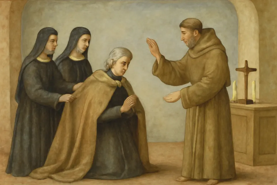 Fresco-style scene of a noblewoman kneeling before a priest as Poor Clare sisters lay a brown habit and veil over her arms in a plain chapel