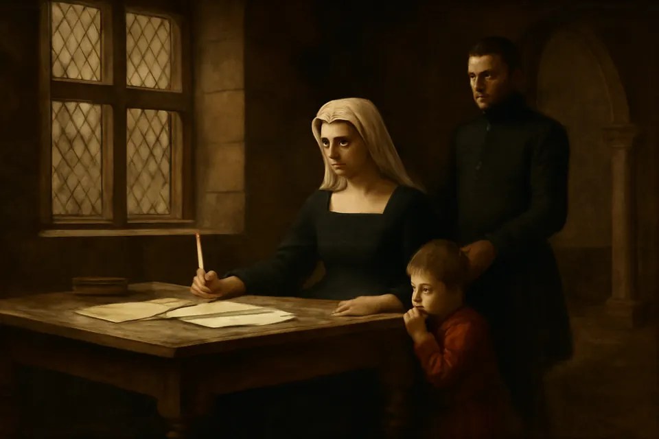 Oil-painting-style scene of a young widowed duchess in black, seated at a table in a castle hall, signing papers while a small boy stands at her knee