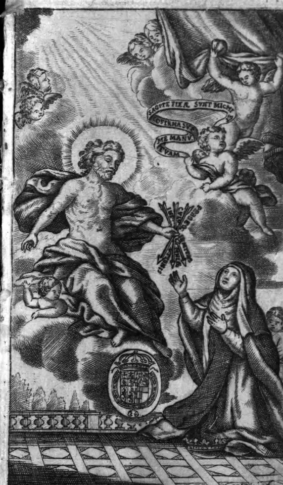 An old engraving of a kneeling nun looking up at Christ, who sits on clouds among angels holding out a bundle of arrows, with a coat of arms below