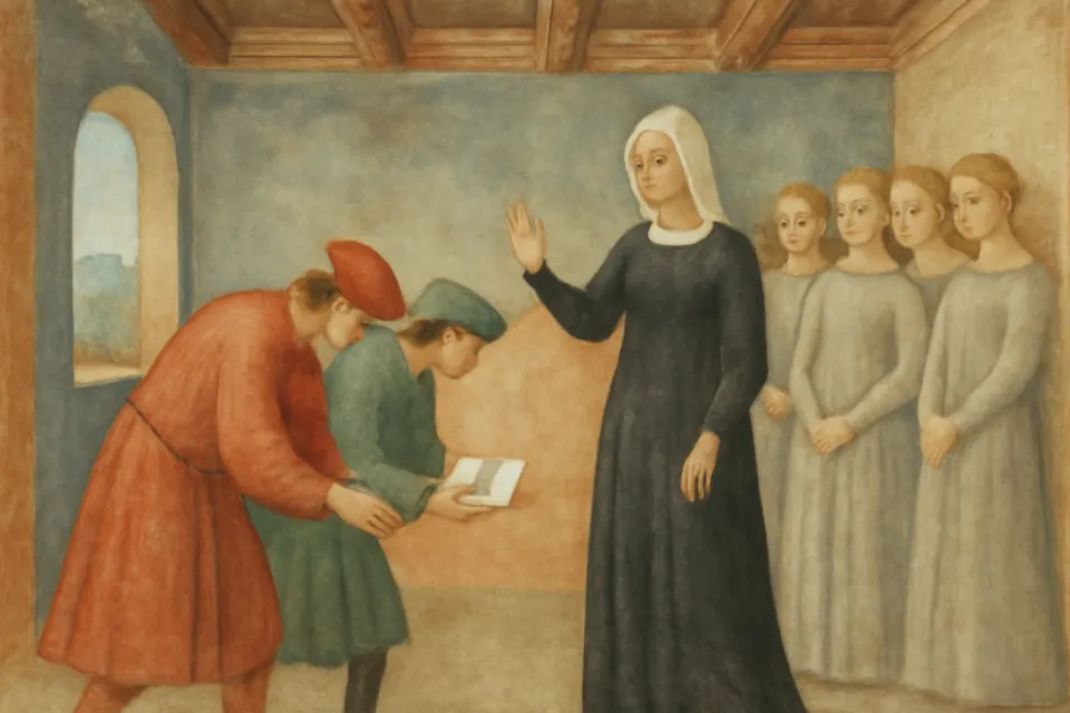 Fresco-style scene of a young widow in black receiving envoys of the Duke of Milan in a palace hall and gently refusing them