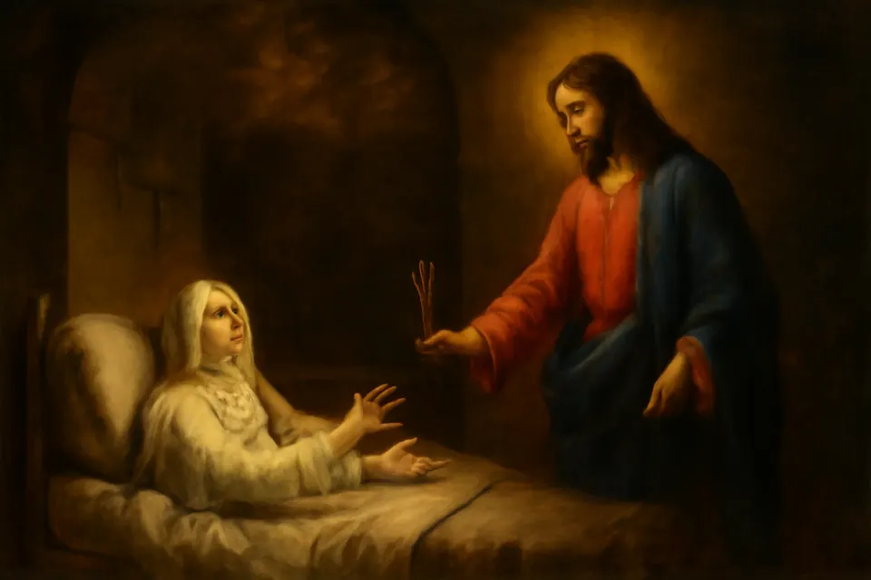Oil-painting-style scene of Christ appearing to a sick nun in her bed and offering her three arrows, with angels in the shadows