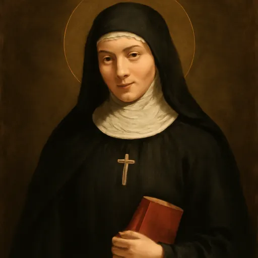Oil-painting-style portrait of Blessed Maria Adeodata Pisani, a young Benedictine nun in black veil and white wimple holding a small red book and a crucifix