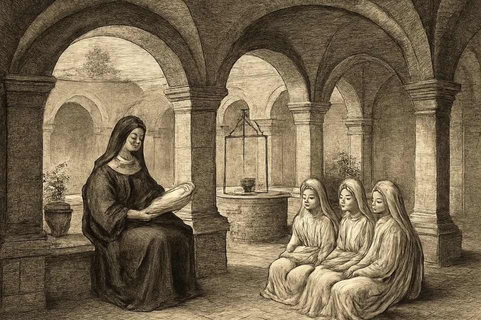 Engraving-style scene of an abbess sitting with young novices in a cloister, teaching them from a book