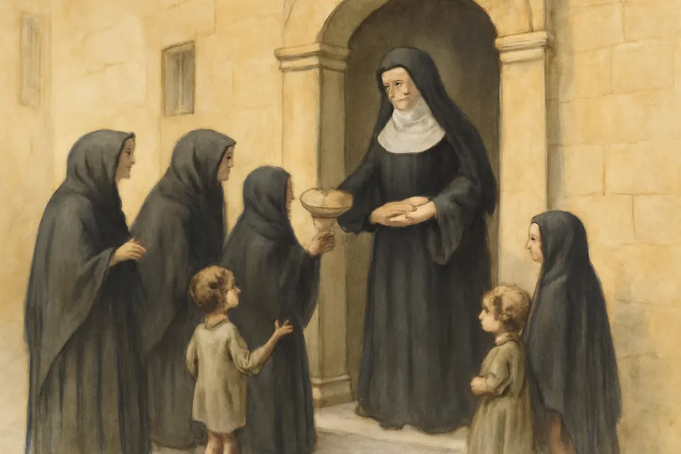 Watercolor-style scene of a Benedictine nun at a monastery turn handing bread to poor women and children in a narrow stone street
