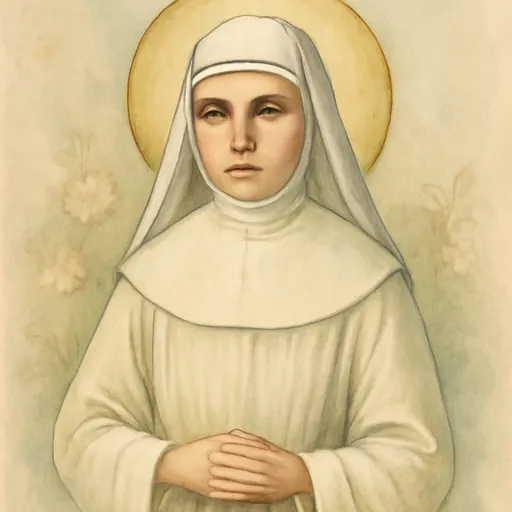 Watercolor-style portrait of Blessed Maria Assunta Pallotta as a young Franciscan Missionary of Mary in a white habit and veil, with folded hands