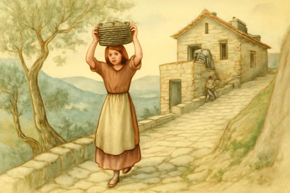 Watercolor-style scene of a young peasant girl carrying a heavy basket of stones on her head up a hillside path in an Italian village